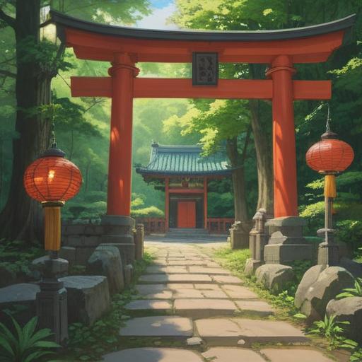 A tranquil scene at a Shinto shrine, vibrant green trees surrounding, a shrine gate partially visible, a large cicada resting on a wooden beam, rays of sunlight filtering through the leaves, spiritual symbols subtly integrated, serene atmosphere, contemplative mood, 4k