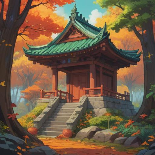 A serene illustration of a shrine surrounded by lush greenery, colorful autumn leaves, a close-up of a cicada on a tree branch, shimmering lucky stones scattered on the ground, rays of sunlight filtering through the trees, tranquil atmosphere, divine beauty, detailed textures of nature, 4k
