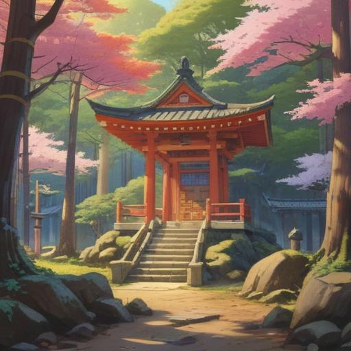 A serene scene of a Shinto shrine after a visit, soft sunlight filtering through the trees, a peaceful ambiance, gentle breeze rustling leaves, a sense of calm and tranquility, spiritual awakening, traditional torii gate, visitors in quiet reflection, warm autumn colors, ethereal atmosphere, 4k