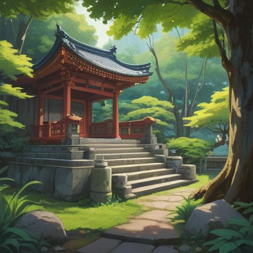 A serene scene of a Shinto shrine surrounded by lush greenery, a peaceful visitor sitting on a stone step after a prayer, eyes gently closed, a soft golden light illuminating the area, symbolizing spiritual energy, calm and tranquil atmosphere, traditional Japanese architecture, delicate cherry blossoms falling, signs of inner peace and connection with the divine, gently flowing river in the background, 4k