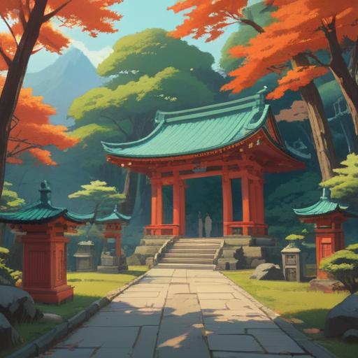 A serene scene at a Shinto shrine, a tranquil atmosphere, a worshipper feeling drowsy after prayers, subtle spiritual energy, gentle whispers of nature, a hint of ethereal light, muted colors reflecting the calmness, symbolic representations of spiritual signs, peaceful and introspective mood, 4k