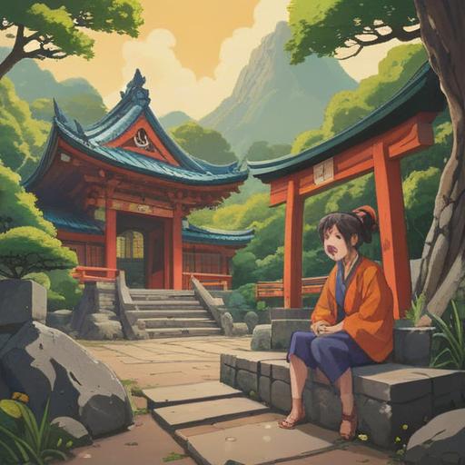 A serene illustration of a traditional Japanese shrine, peaceful atmosphere, a traveler sitting on a stone step, yawning and feeling sleepy after visiting the shrine, nearby lucky charm amulets, soft sunlight filtering through the trees, tranquil nature surroundings, calm expression on the traveler's face, 4k
