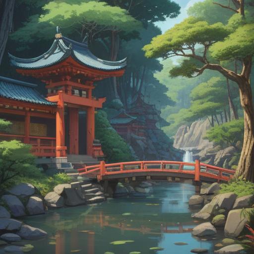 A serene landscape featuring a traditional Japanese shrine, lush greenery surrounding the temple, a gentle stream flowing nearby, worshippers performing rituals, moments of reflection and insight, sunlight filtering through the trees, a sense of peace and renewal, capturing the essence of starting anew, 4k