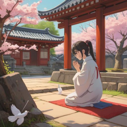 A serene scene at a traditional Japanese shrine, gentle sunlight filtering through cherry blossom trees, a person bowing in prayer, a white dove perched nearby, symbolizing peace and spirituality, tranquil atmosphere, soft focus on the dove, vibrant colors of spring, harmonious connection with nature, 4k