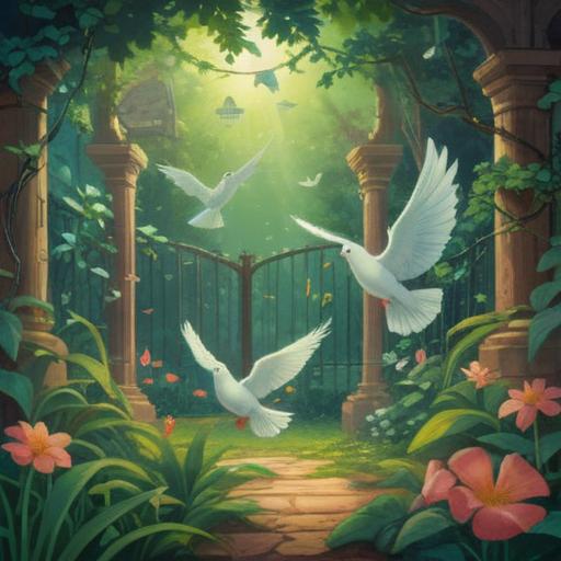 A serene illustration of doves in a tranquil garden, ethereal light shining down, symbolic of peace and hope, spiritual vibes, lush greenery, gentle flowers blooming, harmonious atmosphere, conveying positive energy and signs of blessing, 4k