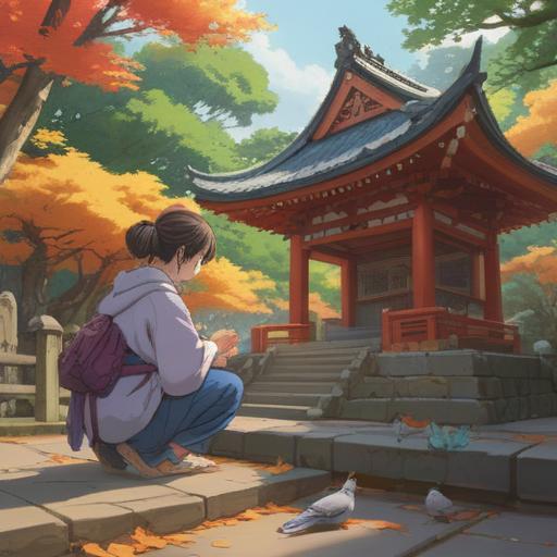 A serene scene at a Shinto shrine, a visitor kneeling in prayer, a pigeon perched nearby, symbolic spiritual energy radiating from the bird, a subtle glow around the pigeon, ancient trees in the background, soft sunlight filtering through the leaves, peaceful atmosphere, traditional Japanese architecture, soft colors, 4k