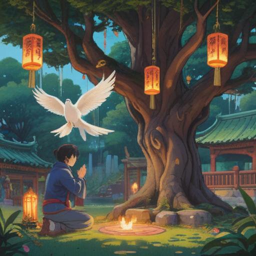 A serene scene at a shrine, a person bowing in prayer, doves gracefully landing nearby, lucky charms hanging from a tree, vibrant colors of traditional shrine architecture, soft sunlight filtering through the leaves, peaceful atmosphere, harmonious connection with nature, exquisite detail, 4k
