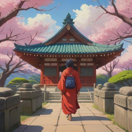 A serene scene of a person visiting a Shinto shrine, vibrant cherry blossom trees in full bloom, spiritual atmosphere, reflection and tranquility, warm sunlight filtering through the trees, the individual bowing in front of the shrine, traditional Japanese architecture in the background, sense of renewal and new beginnings, peaceful expressions, richly detailed natural surroundings, 4k