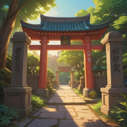 A serene shrine visit during the golden hour, warm sunlight illuminating the torii gate, lush greenery surrounding the temple, ethereal glow symbolizing spiritual signs, visitors in tranquil poses, soft murmurs of nature, colorful shinto offerings, inviting atmosphere, deep connection to spirituality, 4k