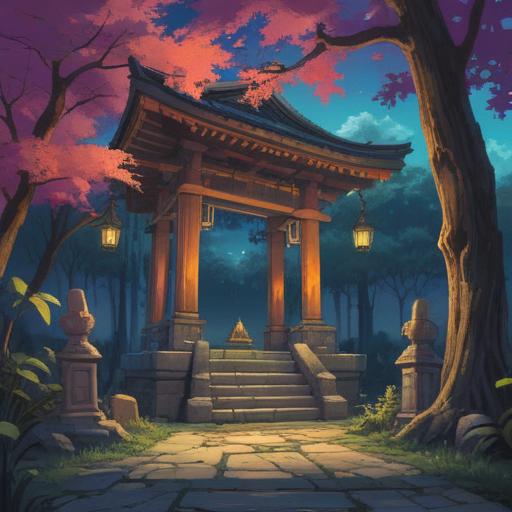 A serene shrine setting at twilight, ominous shadows creeping in, subtle spiritual symbols glowing faintly, a respectful visitor pausing in contemplation, the atmosphere thick with an otherworldly presence, delicate cherry blossoms falling, eerie yet enchanting mood, 4k