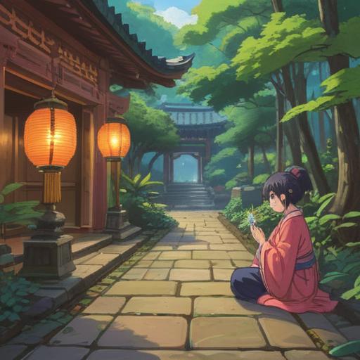 A serene shrine visit, a tranquil atmosphere, a person bowing in respect, surrounded by lush greenery, traditional Japanese architecture, lucky charms and amulets hanging from a decorative tree, sunlight filtering through leaves, a sense of spiritual energy, spiritual awakening, 4k