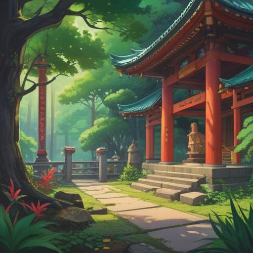 A serene scene of a traditional Japanese shrine, vibrant greenery surrounding the sacred space, worshippers bowing respectfully, a sense of tranquility and spiritual focus, sunlight filtering through the trees, ethereal atmosphere, emphasizing mindfulness and gratitude, harmonious details in the architecture, 4k