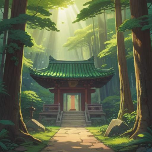A serene and mystical illustration of a Shinto shrine, lush green forest surrounds the shrine, soft rays of sunlight filtering through the trees, traditional Japanese architecture with ornate details, a sense of peace and spirituality, symbolic elements representing the connection between the physical and spiritual realms, calming atmosphere, tranquil water features, 4k