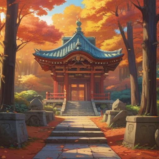 A serene and mystical illustration of the Kamikami Shrine, vibrant autumn foliage, gentle sunlight filtering through the trees, a tranquil fox spirit guiding the way, subtle sparkles representing spiritual signs, peaceful atmosphere, traditional Japanese architecture, rich textures in the surrounding nature, 4k