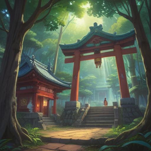 A serene depiction of Kamikami Shrine, mystical atmosphere, ethereal light filtering through ancient trees, subtle spiritual symbols in the surroundings, gentle breeze causing leaves to rustle, a tranquil pond reflecting the shrine, an aura of spiritual significance, harmonious nature, 4k