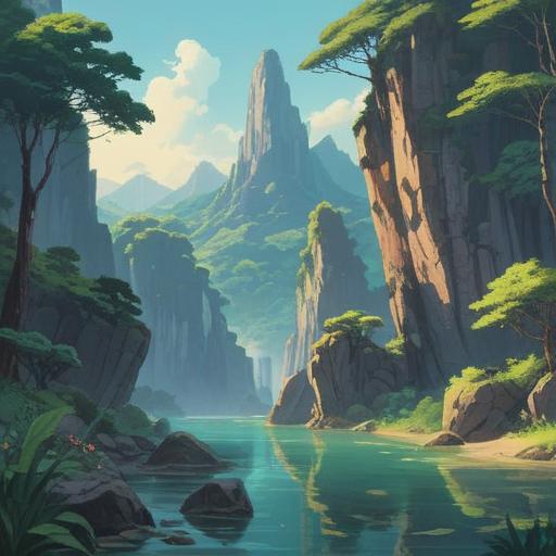 A serene landscape featuring Kobe-Iwa, mystical rock formations surrounded by lush greenery, gentle flowing river reflecting the sky, ethereal light illuminating the scene, a sense of peace and spirituality, locals performing a traditional ritual, detailed texture of the rocks, tranquil atmosphere, 4k