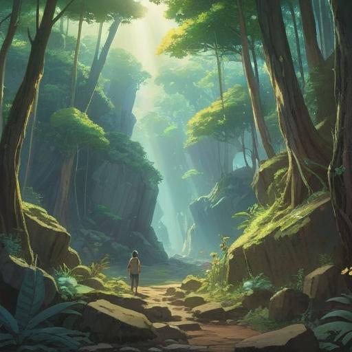 A serene and mystical landscape of Kobe Iwa, lush greenery surrounding majestic rock formations, soft rays of light filtering through the trees, ethereal symbols subtly integrated into the scene, gentle flowing river nearby, a sense of tranquility and spiritual awakening, inviting atmosphere, 4k