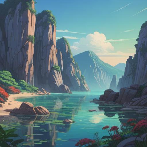 A captivating landscape showcasing Kobe Iwa, serene waters reflecting the rock formations, a peaceful atmosphere enveloping the scene, careful preparation for an inner journey, warm sunlight illuminating the rocky textures, gentle waves lapping at the shore, a sense of tranquility and energy emanating from the environment, 4k