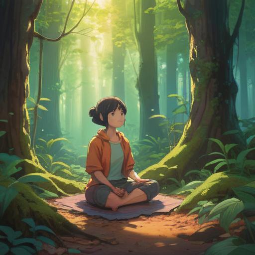 A serene and tranquil scene depicting a person meditating in a peaceful forest, soft rays of sunlight filtering through the leaves, surrounded by gentle flowing streams and vibrant flowers, a sense of calm and balance in the air, ethereal energy swirling around, 4k resolution