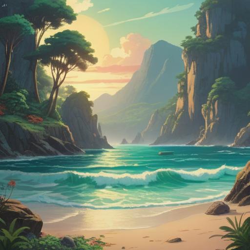 A serene coastal landscape featuring Kamoi Cape, symbolizing spiritual strength and connection, sunlight filtering through lush greenery, gentle waves lapping against rocky shores, a tranquil atmosphere, traditional shrines nestled among trees, mist rising from the ocean, harmonious colors blending sky and sea, 4k