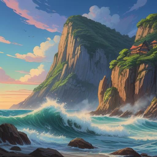 A scenic view of Kamoi Cape, vibrant colors, ocean waves crashing against the rocky cliffs, lush greenery surrounding the cape, a serene and tranquil atmosphere, clear blue sky, symbolic elements representing luck and fortune like four-leaf clovers and golden coins, soothing sunlight illuminating the landscape, inviting pathway leading to the viewpoint, 4k