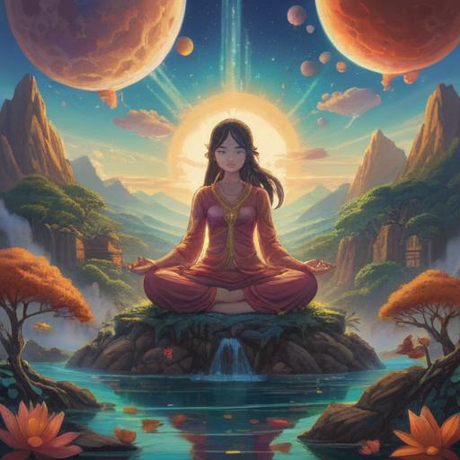 A breathtaking representation of divine spiritual significance, ethereal light illuminating serene landscapes, mystical symbols floating in the air, a figure in meditation surrounded by nature, vibrant energy radiating from the sky, tranquil water reflecting the celestial hues, harmony between earth and spirit, evocative imagery of enlightenment, 4k