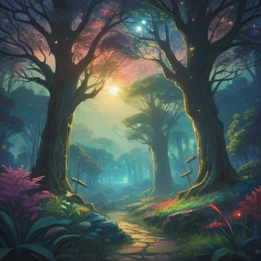 A celestial scene depicting a divine presence, ethereal light shining down, symbols of spirituality surrounding a tranquil setting, nature elements like trees and water reflecting serenity, figures in awe and reverence, vibrant colors conveying positivity and peace, harmonious atmosphere, intricate details of the environment, 4k