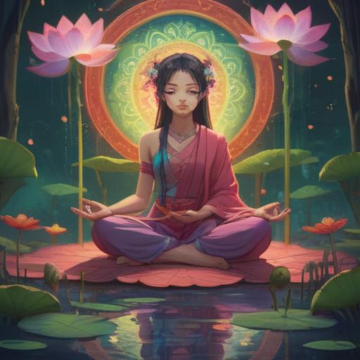 A serious person in a meditative pose, surrounded by a soft aura of light, symbols of spirituality such as lotus flowers and mandalas, peaceful nature setting with gentle flowing water and greenery, a sense of calm and tranquility, deep reflection and inner peace, intricate details in the expression, ethereal glow, harmonious atmosphere