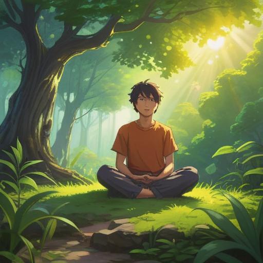 A serene and uplifting scene, a person meditating under a lush tree, rays of sunlight breaking through the leaves, glowing orbs of light surrounding them, peaceful expression, harmony with nature, a gentle breeze, vibrant greenery, spiritual symbols in the air, calming atmosphere, detailed background, 4k