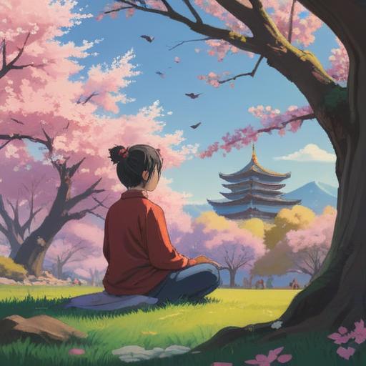 A serene and contemplative scene, a person sitting in a peaceful park under a cherry blossom tree, meditation pose, gentle breeze, soothing nature sounds, soft sunlight filtering through the leaves, a calm expression on their face, surrounded by blooming flowers, vibrant greenery, tranquil atmosphere, reflective moment, 4k