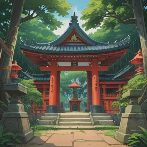 A serene landscape of Manai Shrine, lush greenery surrounding the shrine, sacred atmosphere, symbolic representation of spiritual connection, traditional Japanese architecture, tranquil water flowing nearby, ethereal light filtering through trees, harmonious nature, 4k