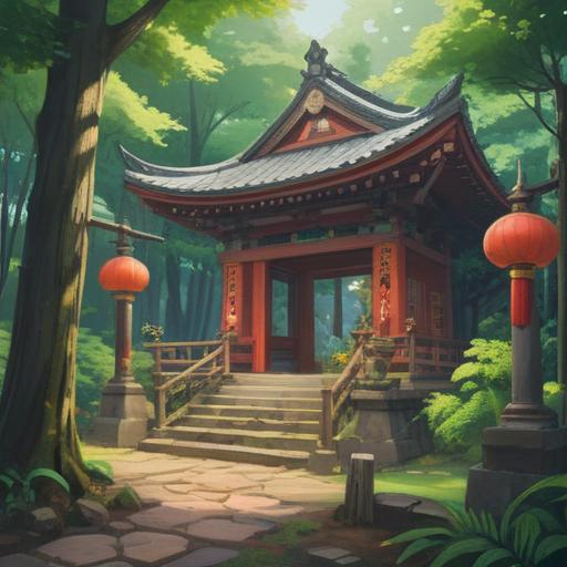 A serene scene at Manai Shrine, lush greenery surrounding the sacred space, ethereal light filtering through the trees, traditional Japanese architecture, people meditating peacefully, spiritual symbols emanating positive energy, tranquil atmosphere, soft flowing water, vibrant colors, 4k