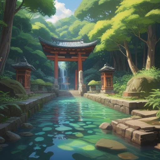 A serene visit to Manai Shrine, focusing on spiritual signs, lush greenery, gentle flowing water, intricate shrine architecture, soft sunlight filtering through trees, tranquil atmosphere, people observing their surroundings, symbolic elements such as stones or sacred ropes, capturing a sense of peace and spirituality, 4k