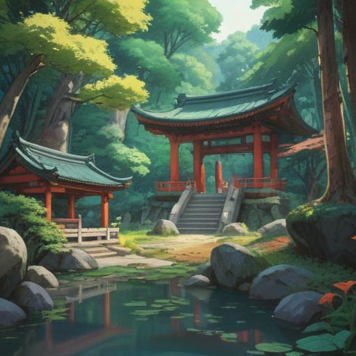 A serene and mystical illustration of Manai Shrine, surrounded by lush greenery and tranquil waters, featuring various lucky items like colorful omamori and traditional charms scattered throughout, ethereal light filtering through trees, a sense of spirituality and tranquility, visitors meditating and connecting with nature, rich colors and intricate details, 4k