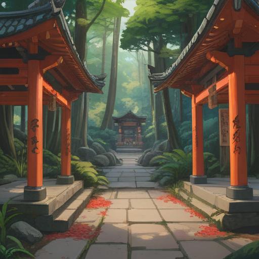 A serene illustration of Manai Shrine, peaceful forest surroundings, worshippers preparing for prayer, traditional Japanese architecture, informative signs about customs, soft sunlight filtering through trees, tranquil atmosphere, respectful demeanor, harmonious connection with nature, 4k
