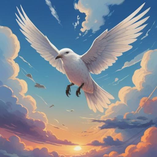 A serene and ethereal scene featuring a pure white bird soaring gracefully through a clear blue sky, surrounded by soft, fluffy clouds, symbolizing spiritual purity and freedom, gentle rays of sunlight illuminating the bird's feathers, tranquil atmosphere, nature-inspired elements, 4k
