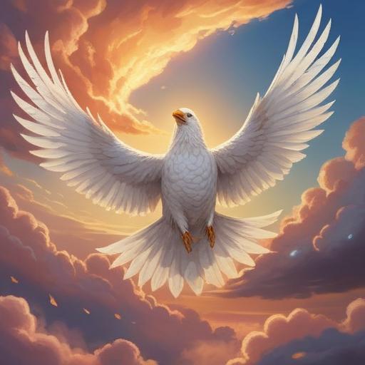 A majestic white bird soaring gracefully through a serene sky, symbolizing spiritual blessings, bright sunlight illuminating its feathers, surrounded by soft, fluffy clouds, an aura of tranquility and hope, representing guidance and positivity, vivid colors, ethereal atmosphere, 4k