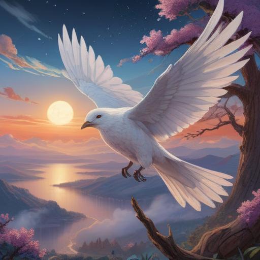 A majestic white bird soaring through a serene sky, symbolizing spiritual awakening, surrounded by glowing light orbs, tranquil landscape below with gentle waves, lush greenery, and ethereal atmosphere, capturing a sense of peace and enlightenment, 4k