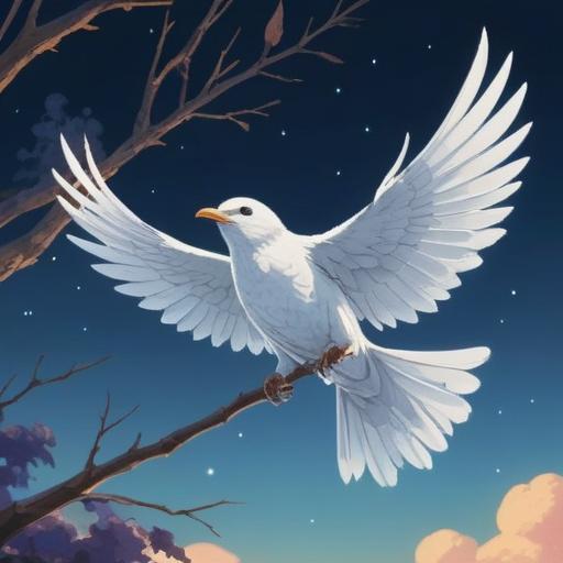 A serene scene depicting a pure white bird soaring in a clear blue sky, a small glowing charm hanging from a delicate branch below, surrounded by vibrant green leaves, the sunlight filtering through the foliage, evoking a sense of peace and good fortune, enchanting atmosphere, soft focus, 4k