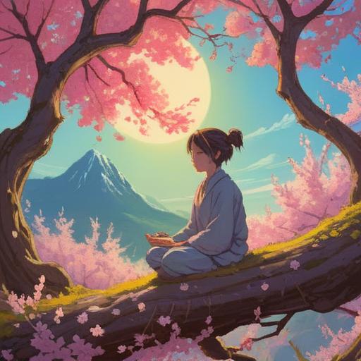 A serene illustration depicting a person meditating under a cherry blossom tree, bright sunlight filtering through the branches, an aura of positivity and calm surrounding them, soft golden light illuminating their posture, intricate details of the blossoms and leaves, vibrant colors blending harmoniously, symbolizing readiness to attract good fortune, 4k