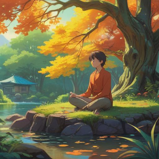 A serene landscape depicting a person meditating under a large tree, gentle sunlight filtering through the leaves, tranquil atmosphere, soft colors, emphasis on internal peace, harmonious balance, nature's support for a straightforward life, clear blue sky, reflective mood, 4k