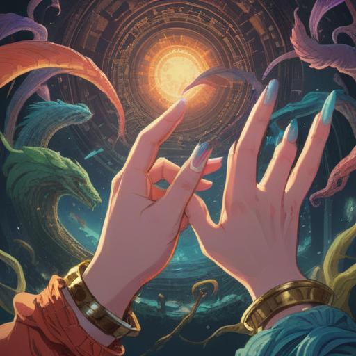 A serene illustration of hands with neatly manicured nails, calming energy emanating from the fingertips, a soft aura of vibrant colors surrounding the hands, the concept of luck and energy alignment represented through gentle light rays, a tranquil background with soft pastel colors, a sense of harmony and balance, 4k