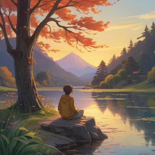 A serene landscape depicting a person sitting by a tranquil lake, reflecting on memories, soft golden light illuminating the scene, gentle ripples on the water's surface, vibrant autumn foliage in the background, a sense of calm and introspection, symbolizing emotional energy and personal growth, harmonious colors, 4k