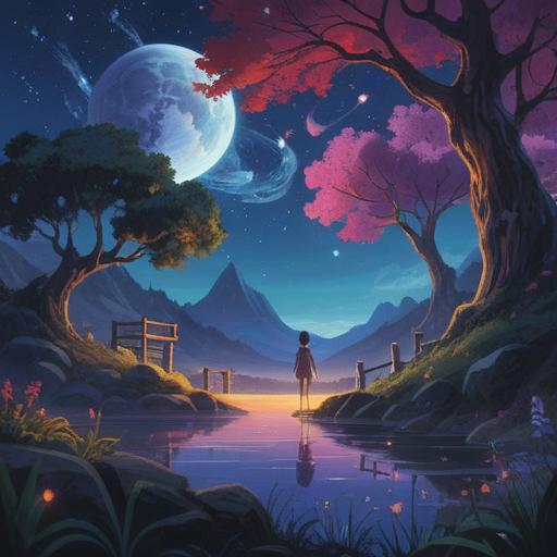 A serene and mystical depiction of deep sleep, ethereal and dreamlike qualities, a tranquil landscape with a night sky filled with stars, a figure peacefully dreaming surrounded by soft clouds, symbols of spirituality like crescent moons and lotus flowers, calming colors, enchanting atmosphere, conveying a sense of inner peace and enlightenment, 4k