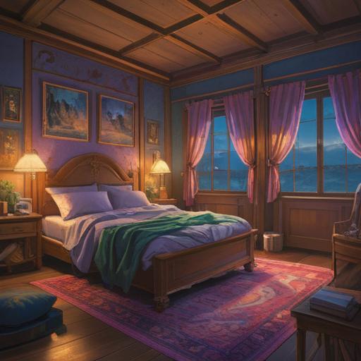 A serene and mystical scene depicting deep sleep as a spiritual journey, ethereal lights illuminating the surroundings, a tranquil bedroom with soft pillows, a peaceful figure resting, dreamlike patterns swirling in the air, symbols of positivity and serenity, a glimpse of the astral plane, a calming color palette, inviting atmosphere, 4k