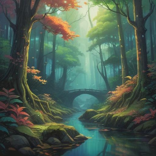 A serene forest setting, vibrant foliage, ethereal light filtering through the trees, symbols of nature's wisdom scattered throughout, a peaceful stream reflecting the surroundings, animals harmoniously interacting, soothing atmosphere, elements representing signs and guidance, mystical aura, 4k