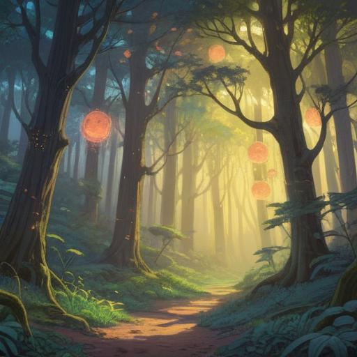 A serene forest scene, ethereal light filtering through the trees, mystical symbols in the air, gentle spirits represented as glowing orbs, animals observing with wise expressions, intricate details of flora and fauna, a feeling of tranquility and connection, 4k