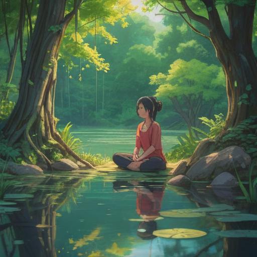 A serene landscape depicting a tranquil meditation scene, lush greenery, a calm lake, soft sunlight filtering through trees, a person meditating peacefully, gentle ripples on the water, surrounded by colorful flowers, a sense of harmony and energy, 4k