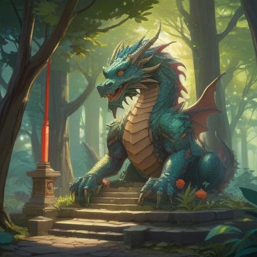 A serene and mystical illustration of Morito Shrine, featuring a dragon deity emerging from a tranquil forest, soft beams of sunlight filtering through the trees, lush greenery surrounding the shrine, symbols of spirituality and protection, intricate details of the shrine architecture, peaceful atmosphere, magical aura, 4k