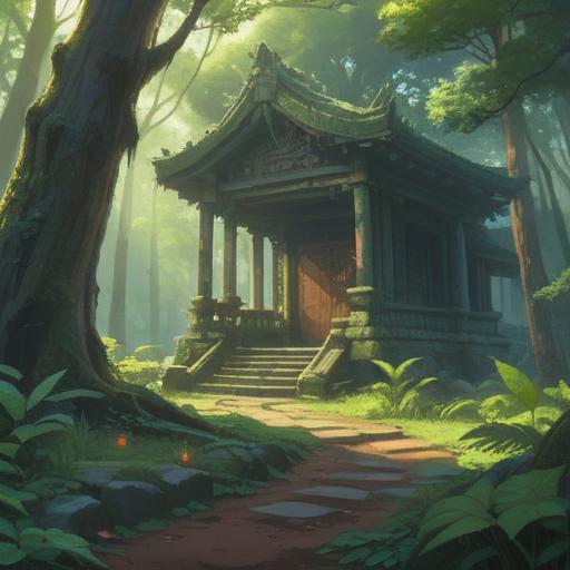 A serene shrine nestled in a lush forest, ancient trees surrounding the sacred space, soft sunlight filtering through the leaves, ethereal mist enhancing the spiritual atmosphere, traditional Japanese architecture, vibrant torii gate, sacred lanterns illuminating the path, tranquil reflection pool, symbols of nature’s spirituality, harmony with the environment, calming energy, peaceful ambiance, 4k